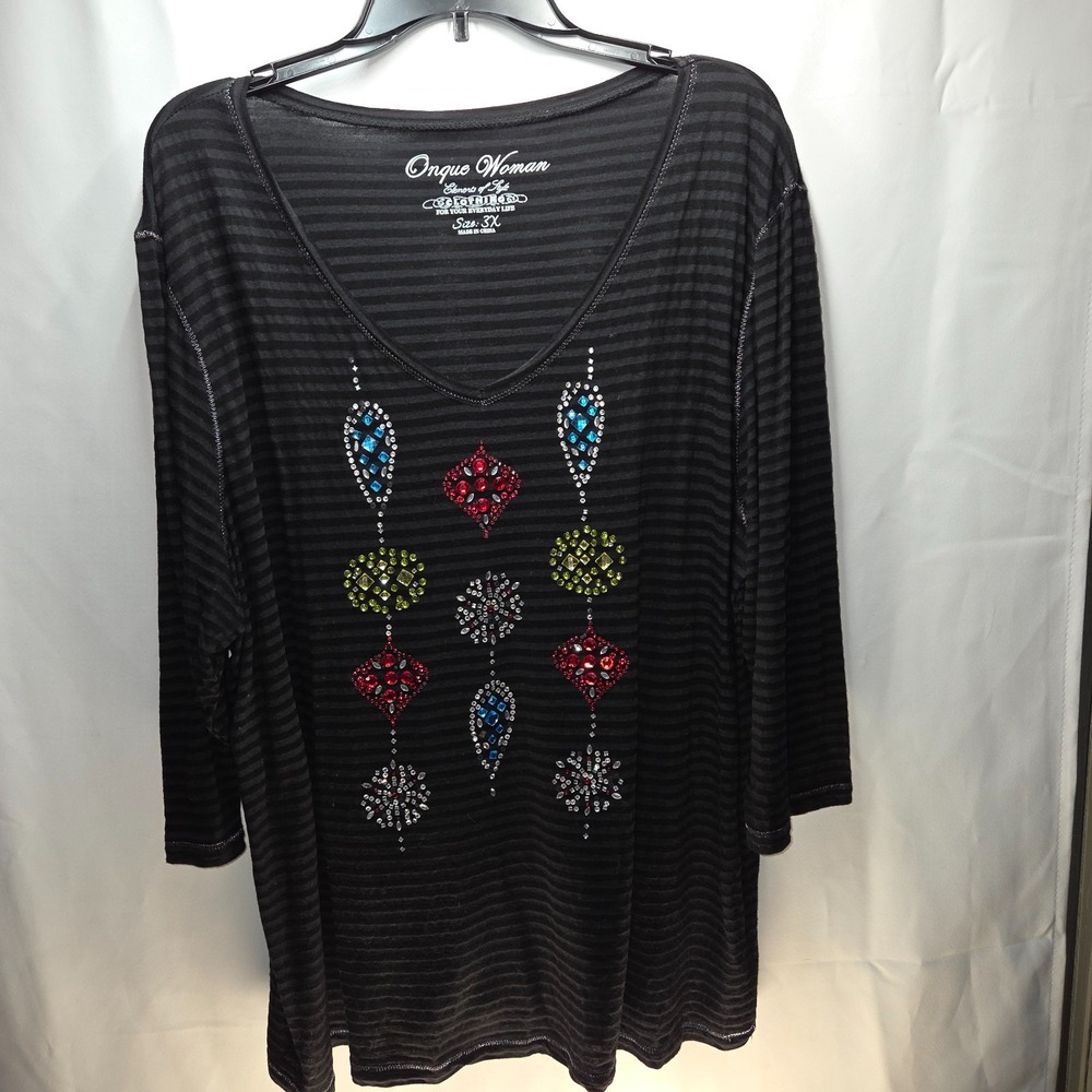 Onque Women's Black Blouse V-Neck 3/4‎ Sleeve Gem Embellished Top Sparkle 3X